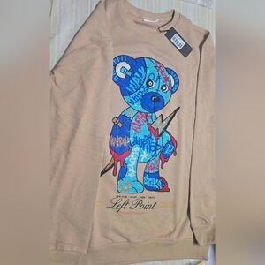 Beige Crewneck Sweater with Blue Bear Design